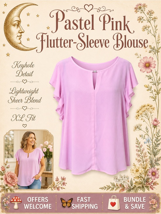 Counterparts Tops - Counterparts Pink Flutter‑Sleeve Blouse Keyhole Detail XL New